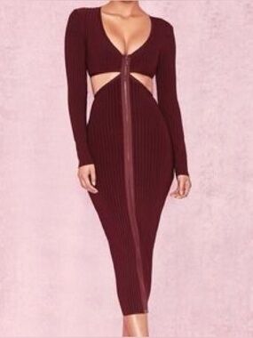 House of CB Ribbed Cutout Bodycon Dress in Burgundy